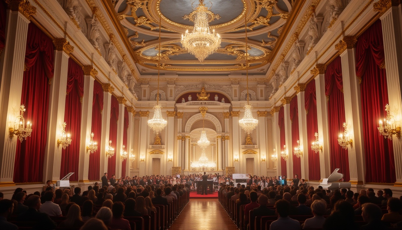 Prompt: Baroque music venue, grand concert hall, ornate decorations, white marble columns, crystal chandeliers, golden accents, intricate carvings, soft warm lighting, majestic high ceiling, red velvet curtains, luxurious wooden floors, elegant white pianos, refined audience, formal attire, evening atmosphere, classical music performance, dramatic spotlights, subtle shadows.