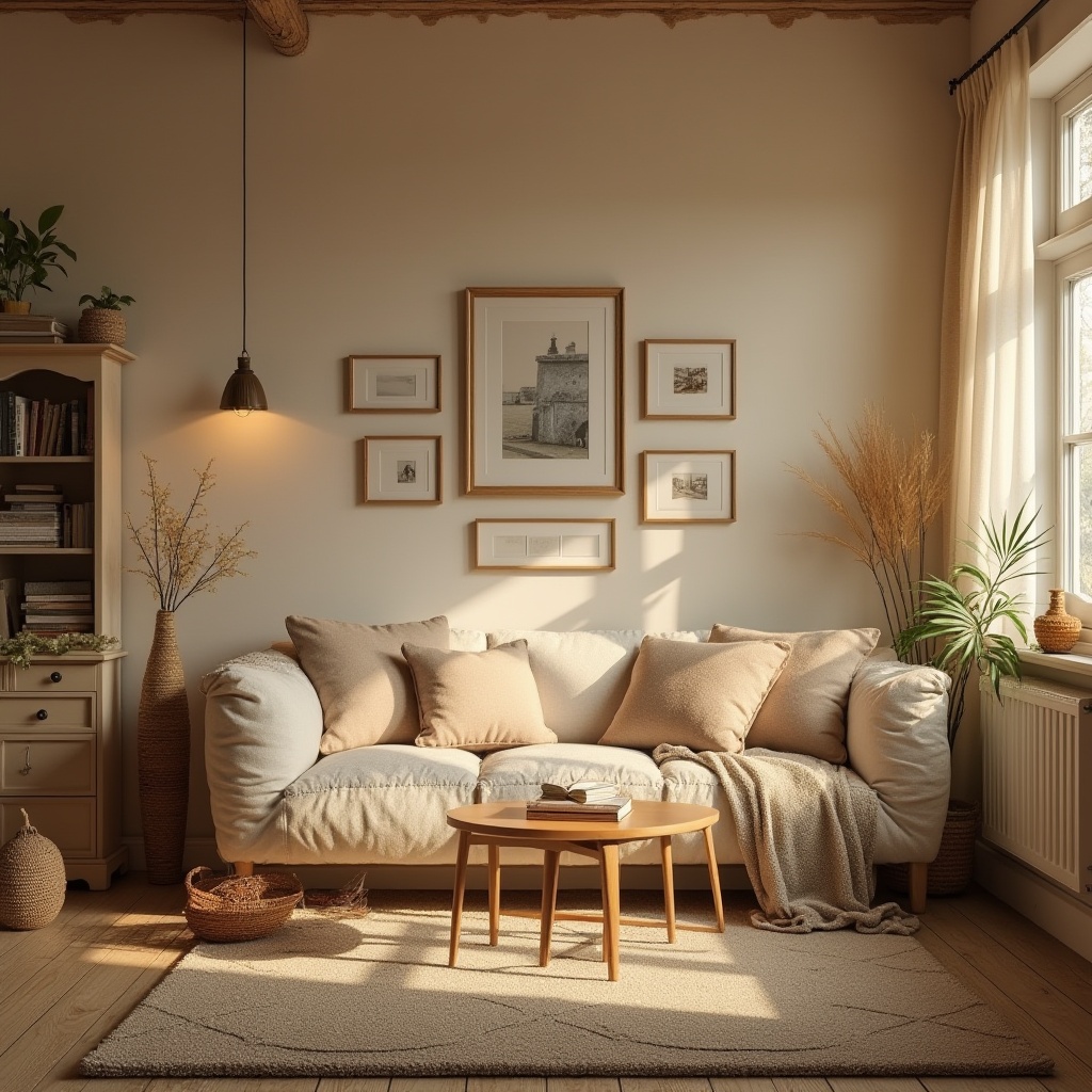 Prompt: Cozy atmosphere, beige color, warm lighting, comfortable furniture, fluffy cushions, wooden decorations, vintage items, soft carpet, gentle shadows, relaxing ambiance, calm mood, peaceful environment, natural textures, earthy tones, serene setting, intimate space, warm glow, inviting decor.