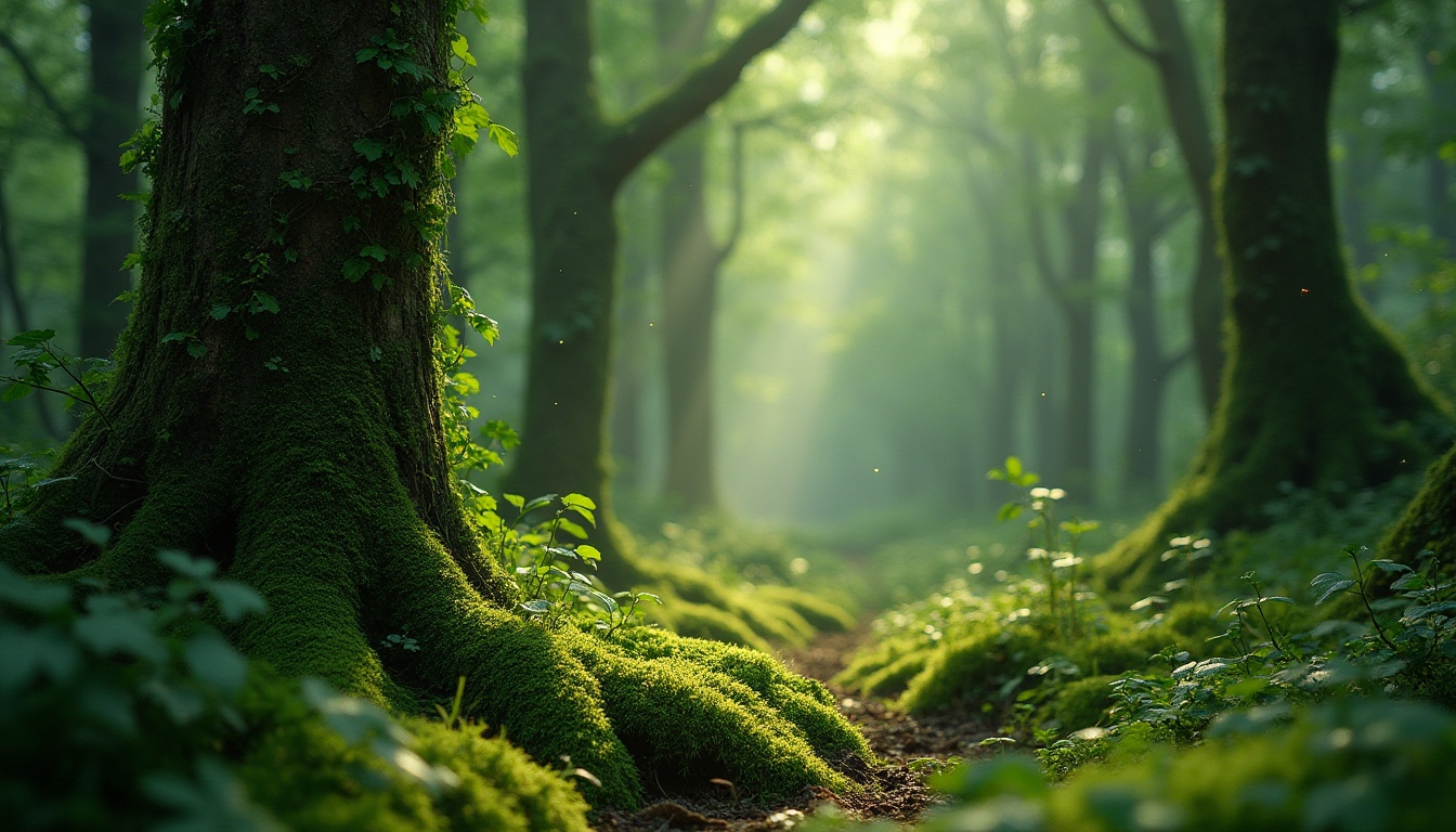 Prompt: Moss green, vibrant natural tone, earthy atmosphere, forest floor, lush foliage, vines entwining trees, misty morning, soft warm lighting, dew droplets on leaves, intricate textures, organic shapes, whimsical fantasy, mysterious ambiance, hidden glade, ancient trees, twinkling fireflies, serene composition.