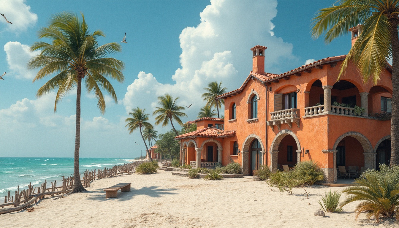 Prompt: Coastal Romanesque architecture, seaside villa, corrugated metal roofing, rustic orange walls, arched windows, ornate stone carvings, Mediterranean style, turquoise ocean views, sandy beach, palm trees swaying gently, driftwood fences, seagulls flying overhead, warm sunny day, soft blue sky with puffy white clouds, shallow depth of field, cinematic composition, symmetrical framing, natural light, soft shadows.