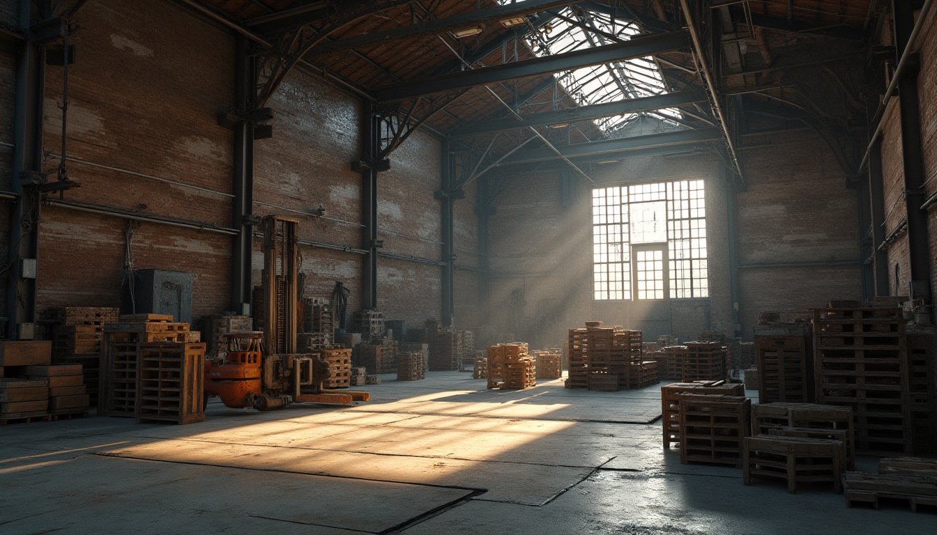 Prompt: Industrial warehouse, rustic brick walls, large metal windows, steel beams, concrete floors, dim natural light, scattered crates, old forklifts, worn wooden shelves, vintage machinery, distressed textures, urban atmosphere, afternoon sunbeams, shallow depth of field, cinematic composition, gritty realism, industrial chic aesthetic.