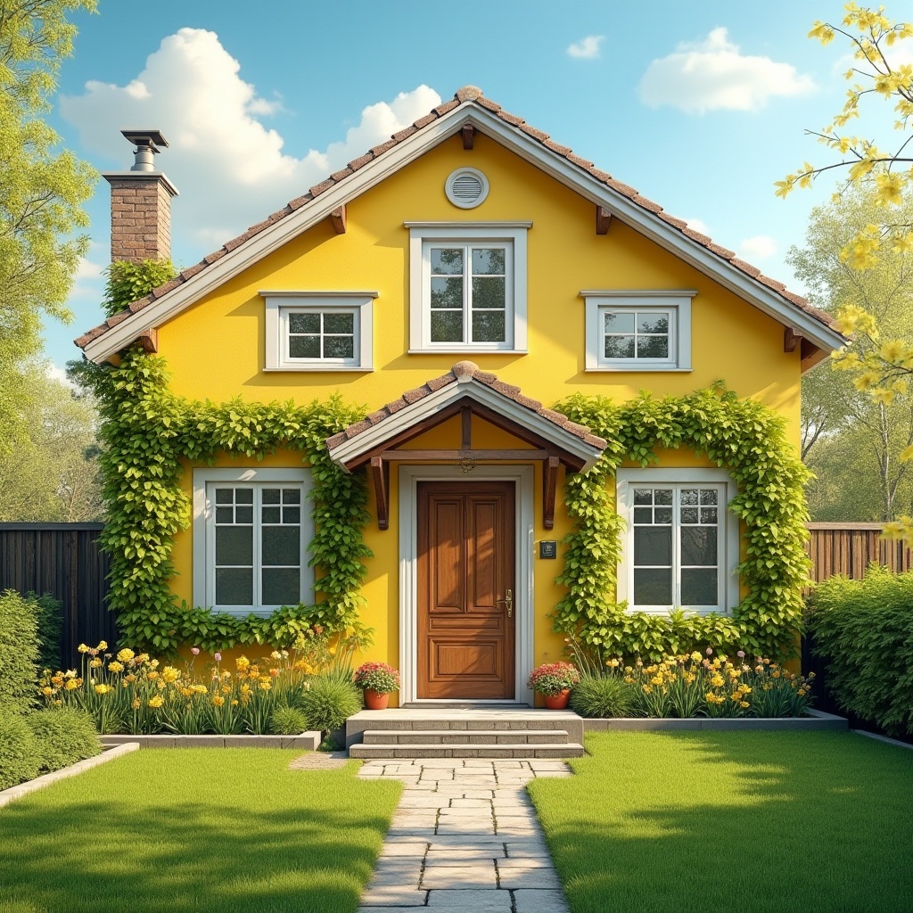 Prompt: Yellow accented suburban villa, bright sunny day, clear blue sky, warm soft light, cheerful yellow walls, white windows, sloping roof, greenery vines crawling up the facade, wooden door with brass doorknob, stone pathway leading to entrance, lush green lawn, blooming daffodils and tulips in garden beds, few puffy clouds, 3/4 composition, warm ambient lighting, cinematic atmosphere, depth of field, realistic rendering, high dynamic range.