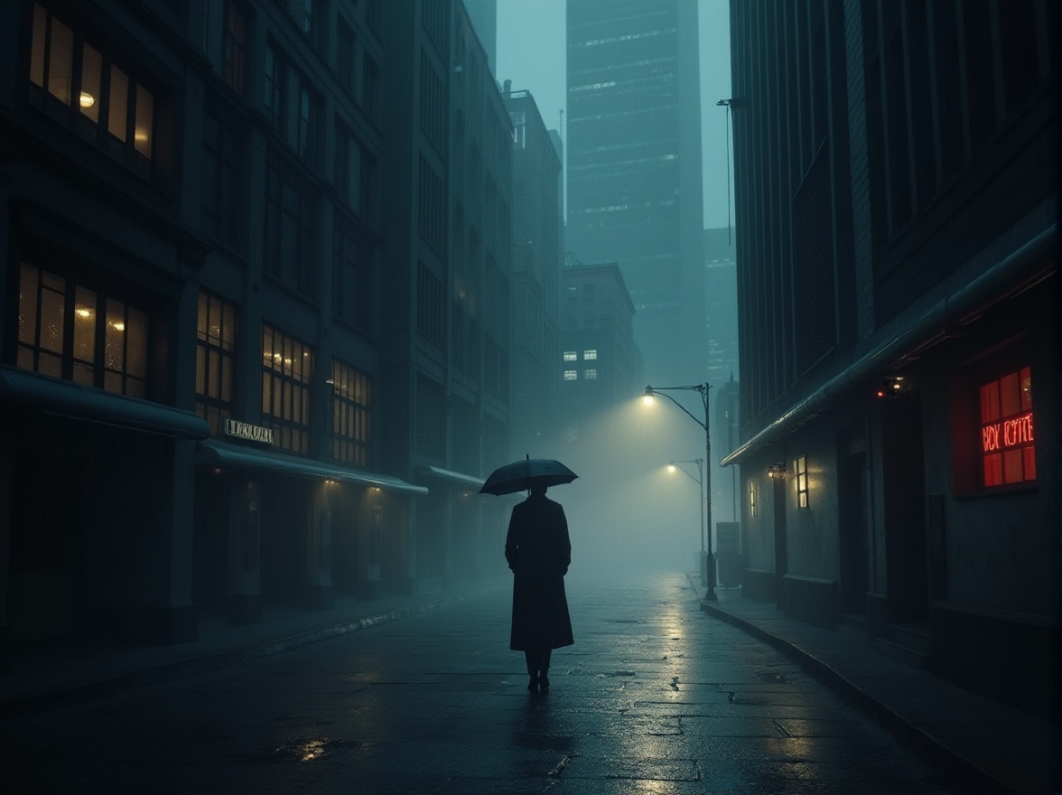 Prompt: dark gray, timeless color, sophisticated background, modern cityscape, skyscraper, metropolitan atmosphere, rainy night, dim streetlights, wet pavement, puddles reflecting neon lights, mysterious alleyway, lone figure in a long coat, umbrella, misty fog, dramatic lighting, high contrast, cinematic composition, 3/4 view, low-angle shot.