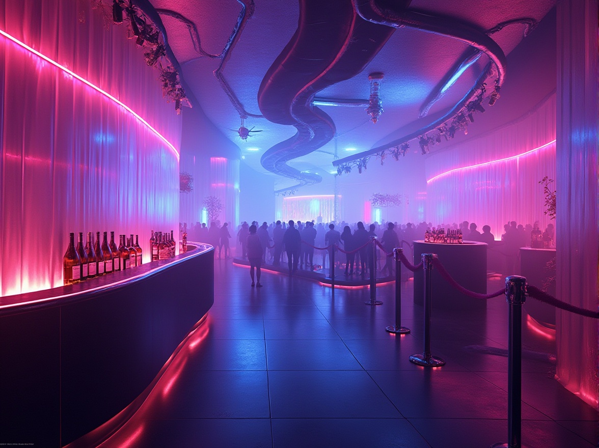 Prompt: Nightclub interior design, futuristic ambiance, polyethylene material, translucent walls, neon lights, glossy floors, metallic accents, curved lines, minimalist decor, DJ booth, strobe lights, fog machines, champagne bottles, VIP lounge, velvet ropes, bouncers, crowd of people dancing, cityscape views, skyscraper background, panoramic view, low-angle shot, vibrant colors, high-contrast lighting, cinematic composition.