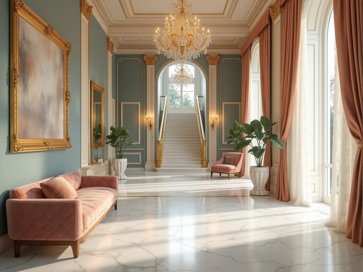 Prompt: Luxurious hotel interior, periwinkle accent wall, creamy white marble floor, ornate golden frames, plush velvet sofa, soft cushion, delicate lace curtains, crystal chandelier, majestic high ceiling, grand staircase, elegant lobby, warm atmospheric lighting, 3/4 composition, panoramic view, soft focus background.