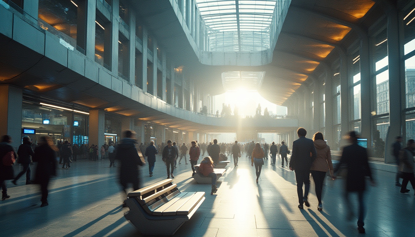 Prompt: Deconstructivist bus station, futuristic, irregular shape, fragmented structure, stainless steel, glass, concrete, dynamic lines, abstract forms, asymmetrical composition, urban landscape, city center, morning rush hour, natural light pouring through skylights, modern benches, digital displays, busy pedestrian traffic, blurred motion, high-angle shot, dramatic lighting, cinematic atmosphere.