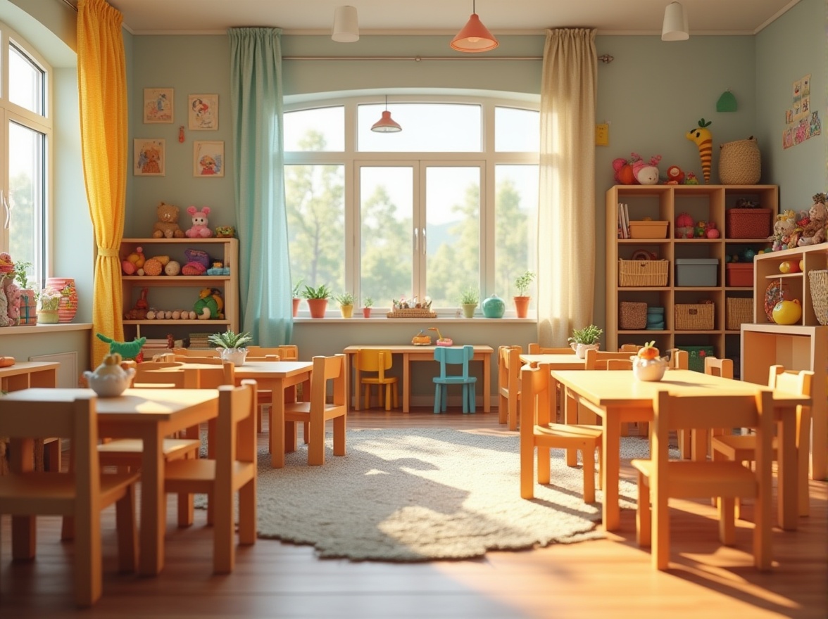 Prompt: Colorful kindergarten, bright windows, natural light, wooden tables, tiny chairs, soft cushions, woven baskets, rattan shelves, vibrant fabric balls, stuffed animals, cotton curtains, polka-dot rug, toy-filled shelves, learning corners, group activity area, reading nook, cozy atmosphere, warm lighting, soft focus, shallow depth of field.