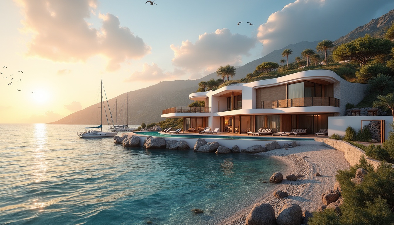 Prompt: Coastal villa, fusion of traditional and modern architecture, curved lines, wooden accents, glass windows, white walls, ocean blue roof tiles, seaside promenade, sandy beach, rocky coastline, clear turquoise water, sailboats docked, seagulls flying overhead, dramatic sunset sky, warm golden lighting, 3/4 composition, atmospheric perspective, ambient Occlusion, soft focus on background, high contrast, cinematic mood.