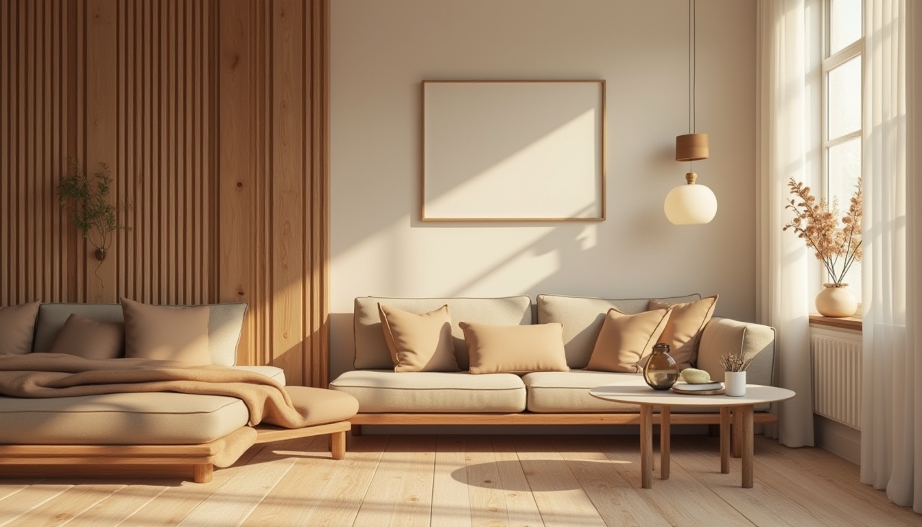 Prompt: Coffee color palette, earthy tone, brown, beige, creamy white, rich wood accents, minimal ornament, natural texture, warm ambiance, cozy atmosphere, modern Scandinavian interior, wooden floor, simple lines, functional simplicity, morning sunlight, soft shadows, shallow depth of field, 3/4 composition, warm lighting, inviting mood.