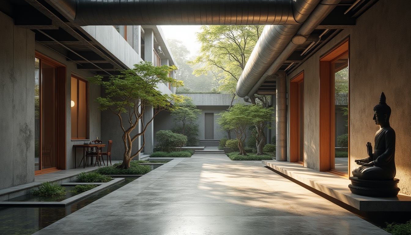 Prompt: Modern monastery, peaceful courtyard, steel pipes, industrial chic, minimalist architecture, exposed ductwork, concrete floor, large windows, natural light, calm atmosphere, simple furniture, meditation area, Buddha statue, greenery, water feature, serene background, warm ambient lighting, 3/4 composition, shallow depth of field.