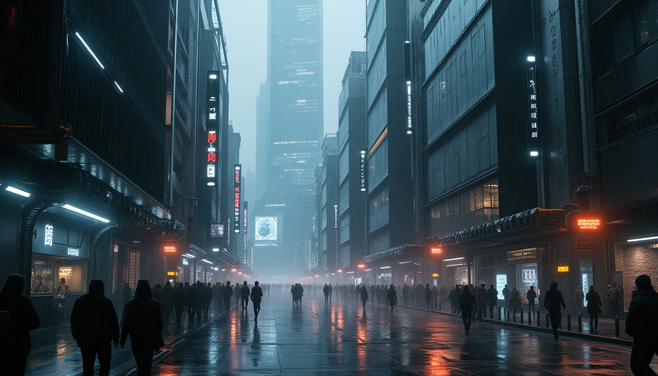 Prompt: Futuristic cityscape, neon gray color palette, metallic sheen, sleek lines, high-tech architecture, skyscraper, towering buildings, holographic advertisements, busy streets, crowded sidewalks, robots and drones moving swiftly, LED lights illuminating walkways, cyberpunk ambiance, dark alleys with neon accents, rainy night, misty atmosphere, cinematic composition, low-angle shot, dramatic lighting, 3/4 view.