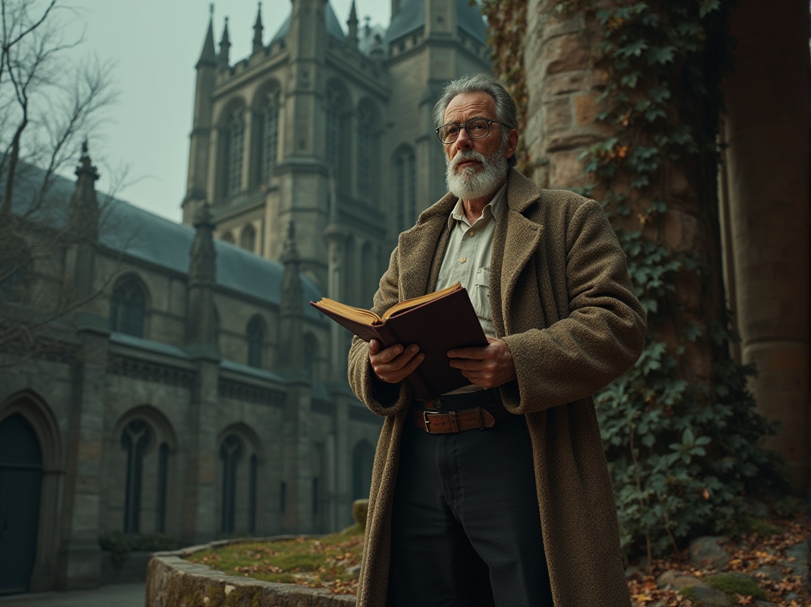 Prompt: Mysterious professor, middle-aged man, glasses, beard, tweed jacket, white shirt, dark brown trousers, leather boots, holding a worn-out book, standing in front of a grand, Gothic-style watching tower, intricate stone carvings, ivy-covered walls, overcast sky, misty atmosphere, warm golden lighting, dramatic shadows, 3/4 composition, cinematic mood, historic European architecture, atmospheric perspective.