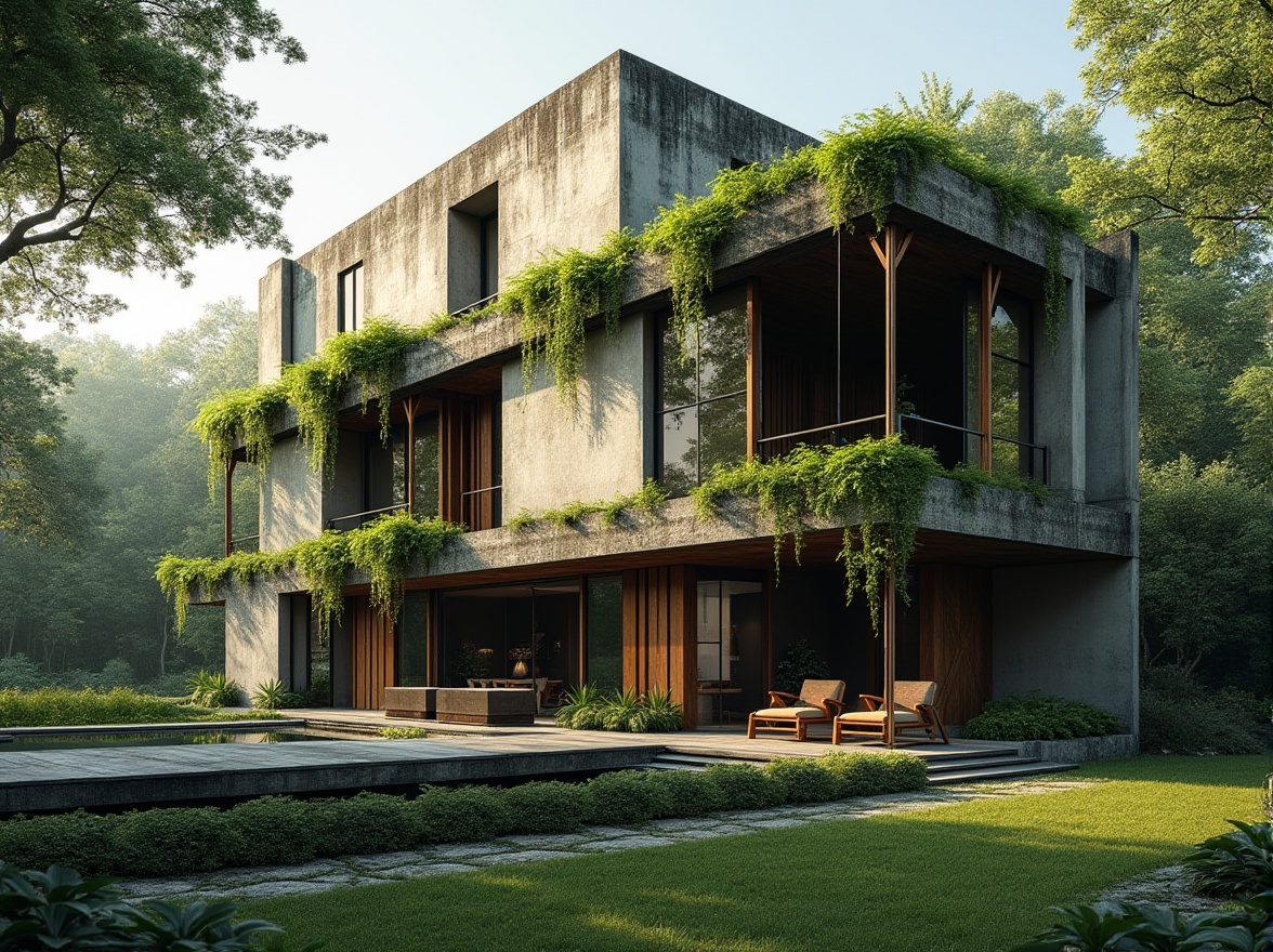 Prompt: Brutalist architecture, modern villa, integrating natural elements, green walls, living walls, lush vegetation, wooden accents, stone foundation, angular lines, rugged texture, rough concrete, industrial windows, steel beams, exposed ductwork, sleek minimalism, urban jungle, cityscape, morning light, soft shadows, 3/4 composition, symmetrical framing.