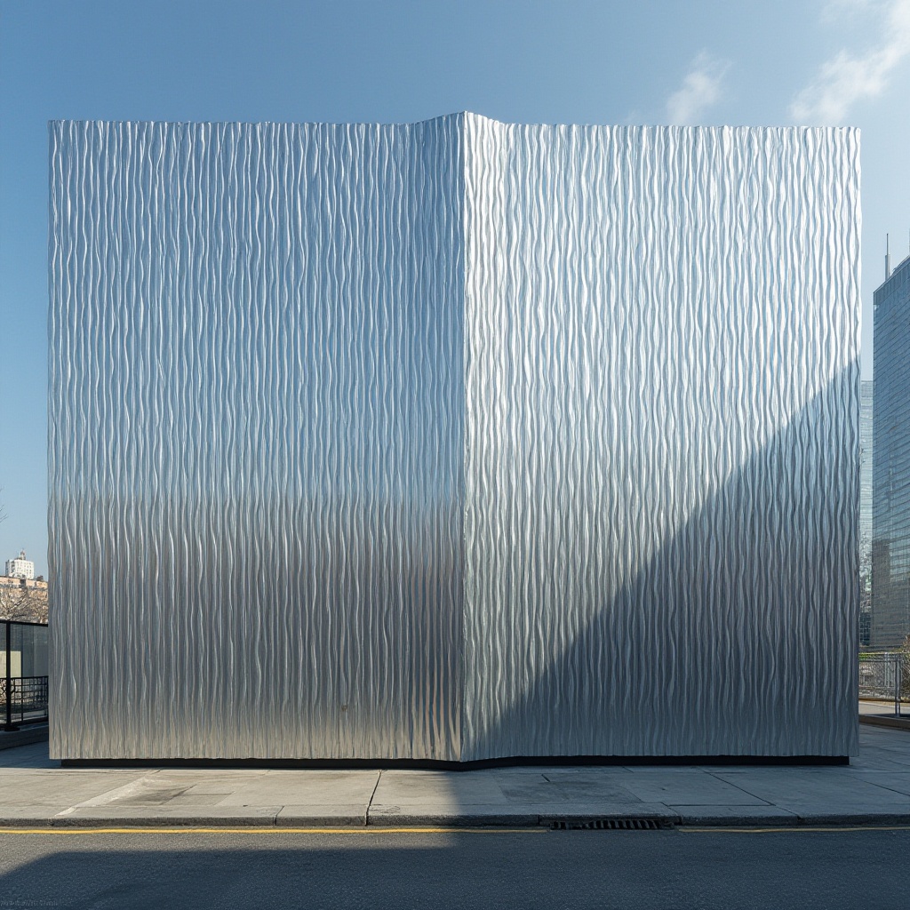 Prompt: Corrugated metal sheet, modern architecture, industrial chic, silver-gray tone, reflective surface, wavy pattern, outdoor decoration, building facade, urban landscape, cityscape, skyscraper background, sunny day, low-angle shot, dramatic lighting, high contrast, bold composition.