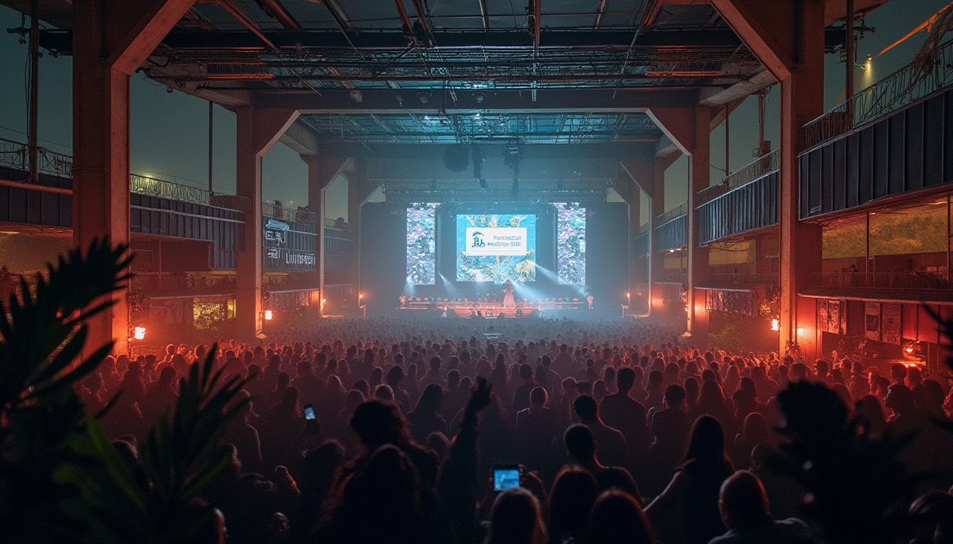 Prompt: Brutalist music venue, industrial architecture, concrete walls, steel beams, minimalist decor, eco-friendly materials, recycled instruments, energy-efficient lighting, solar panels, green roof, urban jungle, cityscape, nighttime, neon lights, crowd of people, musical performance, DJ booth, sound waves, 3/4 composition, low-angle shot, cinematic mood, vibrant colors, soft focus, ambient noise.