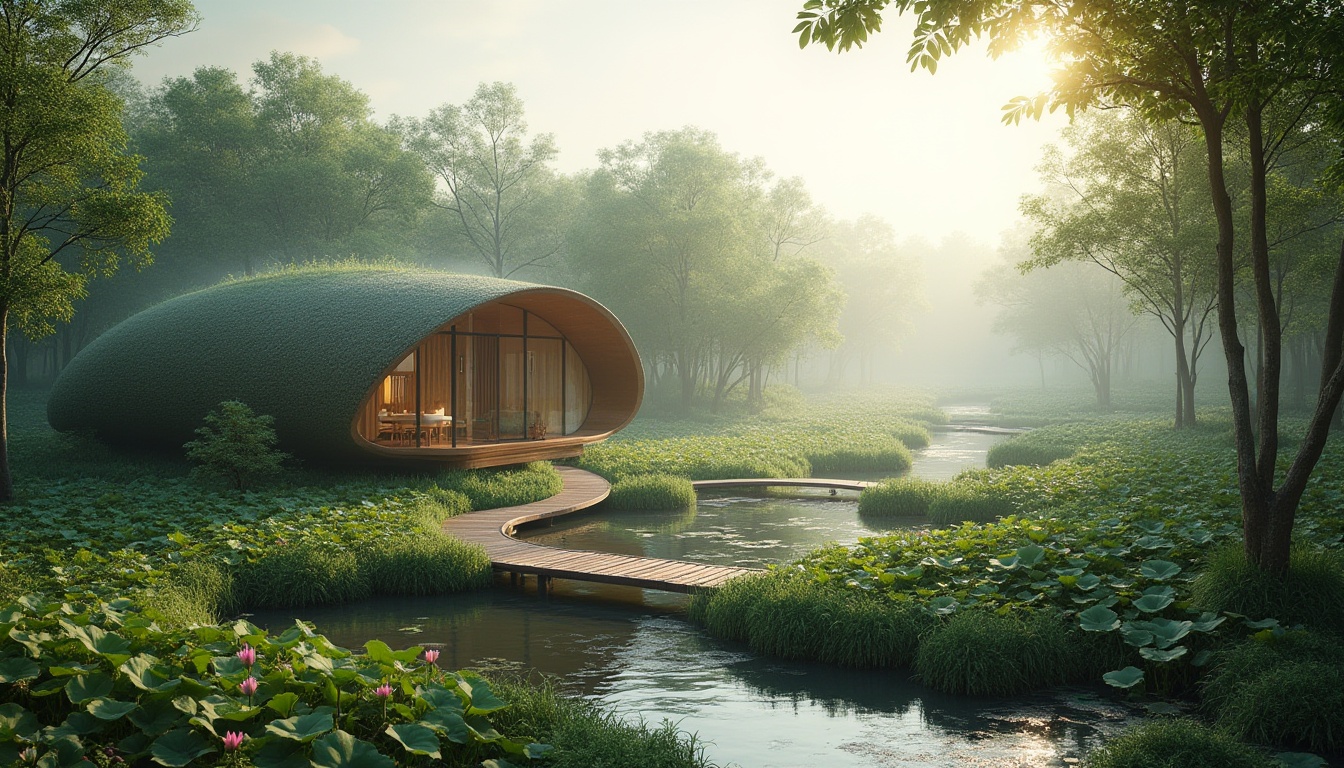 Prompt: Eco-friendly, modern, curved architecture, blending into wetland environments, lush greenery, mangrove forests, misty atmosphere, morning dew, soft warm lighting, wooden bridge, winding waterways, aquatic plants, lotus flowers, tranquil ponds, shallow waters, ripples on the surface, gentle breeze, subtle reflections, natural materials, sustainable design, organic shapes, harmony with nature, peaceful ambiance, serene composition.