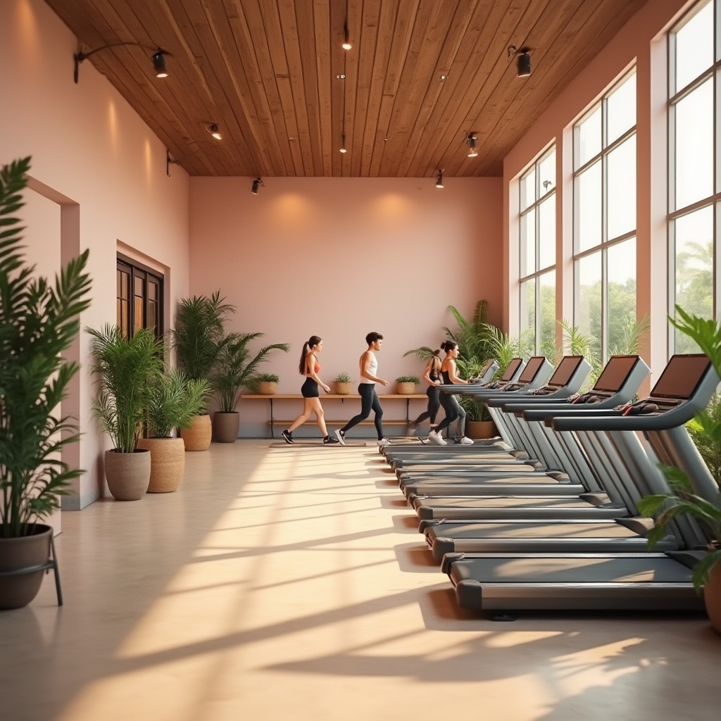 Prompt: Modern gymnasium interior design, orchid color scheme, walls painted with soft pastel hues, warm beige flooring, sleek metallic equipment, rows of treadmills facing large windows, natural light pouring in, tropical plants scattered throughout, vibrant greenery, wooden accents, minimalist decor, ambient lighting, 3/4 composition, shallow depth of field, warm atmosphere, fitness enthusiasts exercising in the background, dynamic motion blur.