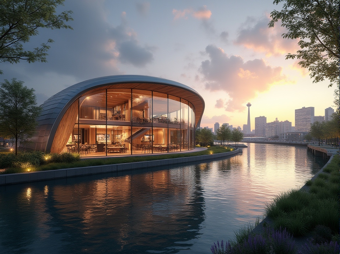 Prompt: Modern exhibition center, riverbank, curved glass facade, steel structure, minimalist design, spacious interior, high ceiling, wooden floor, LED lighting, interactive exhibits, flowing water feature, outdoor seating area, lush greenery, walking path, cityscape background, sunset view, warm ambient light, panoramic composition.