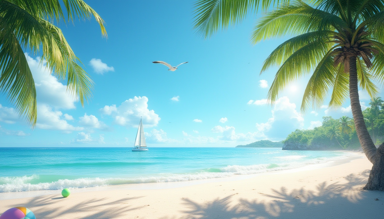 Prompt: Serene beach, sunny day, clear blue sky, gentle sea breeze, soft white sand, tranquil ocean waves, palm trees swaying gently, colorful beach balls scattered, few seagulls flying overhead, a sailboat in the distance, warm lighting, 3/4 composition, shallow depth of field, vibrant colors, realistic textures, relaxed atmosphere.