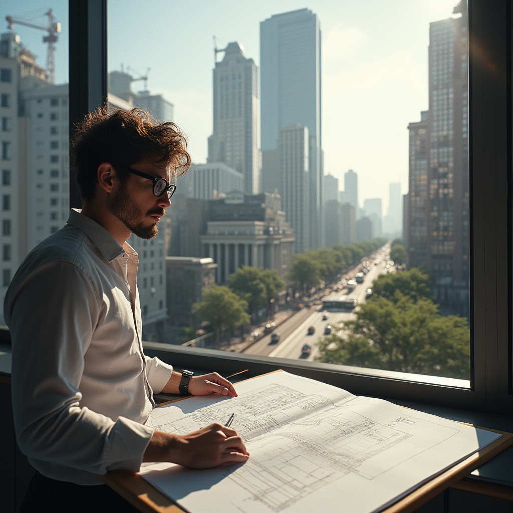 Prompt: Modern skyscraper, steel-framed structure, urban cityscape, blueprints unfolded on desk, architect's hands, glasses, messy brown hair, white shirt, rolled-up sleeves, pencil behind ear, standing, looking out the window, metropolitan area, busy streets, trees lining sidewalks, sunny day, warm light, high-angle shot, cinematic composition, detailed texture, industrial materials.