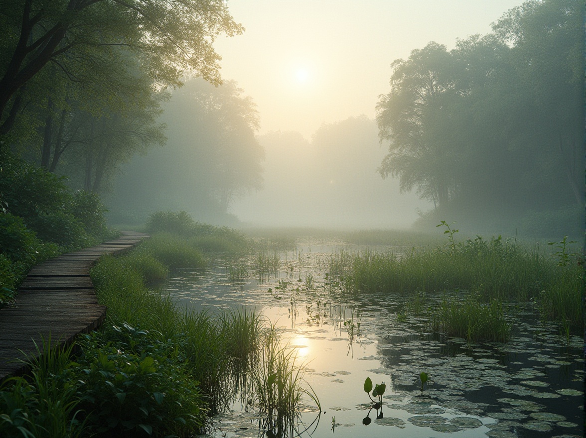 Prompt: Wetland scenery, serene atmosphere, misty morning, natural habitat, diverse wildlife, lush green vegetation, water lilies, cattails, reeds, wooden boardwalk, meandering stream, calm lake, ripples on water surface, subtle sunlight filtering through fog, soft ambient lighting, 3/4 composition, panoramic view, shallow depth of field, warm color palette, natural texture, organic structure.