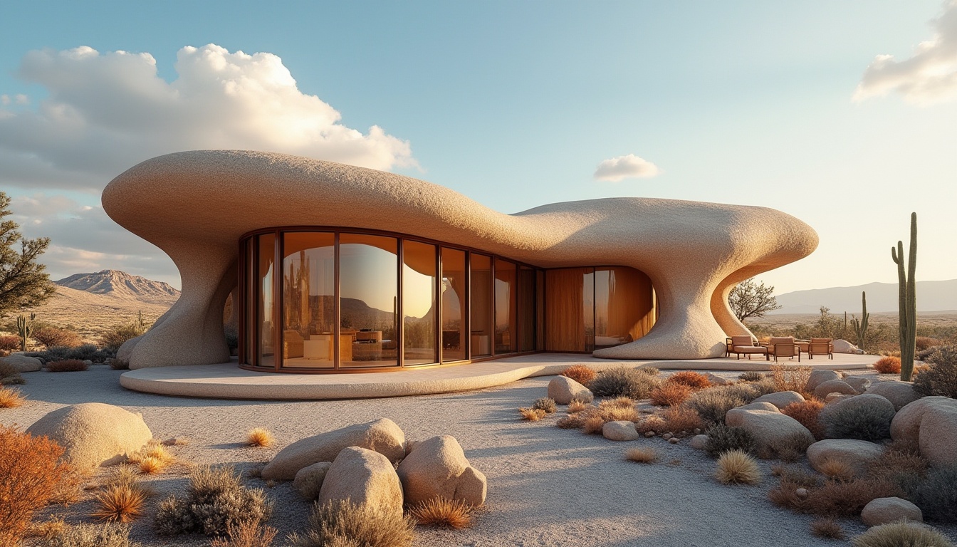 Prompt: Canyon-inspired building, modern architecture, curvaceous lines, sandstone walls, wooden accents, large windows, panoramic view, desert landscape, rocky formations, cacti, blue sky, fluffy white clouds, warm sunlight, 3/4 composition, soft focus, natural textures, earthy tones.