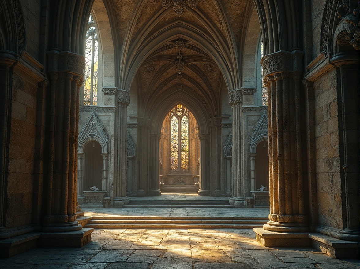 Prompt: granite material, Romanesque architecture, ancient temple, medieval castle, grandeur structure, weathered exterior, moss-covered walls, intricate stone carvings, ornate columns, vaulted ceilings, stained glass windows, majestic entrance, dramatic lighting, warm ambient color tone, high-angle shot, symmetrical composition, depth of field, cinematic atmosphere.