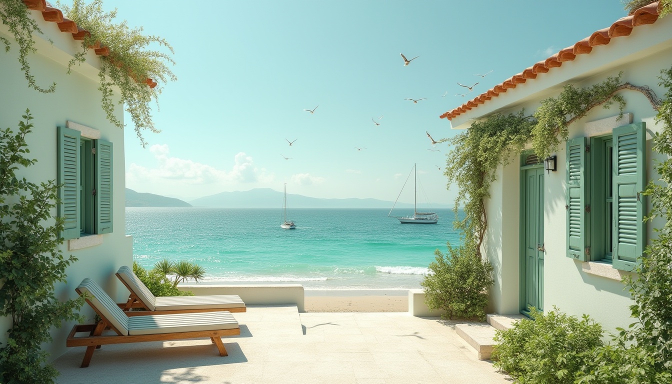 Prompt: Pale green coastal villa, Mediterranean style, curved lines, soft pale green walls, white window frames, terracotta roof tiles, lush greenery, climbing plants, wooden beach chairs, ocean view, sandy beach, calm turquoise water, sailboats in distance, seagulls flying overhead, warm sunny day, soft focus, 3/4 composition, shallow depth of field.