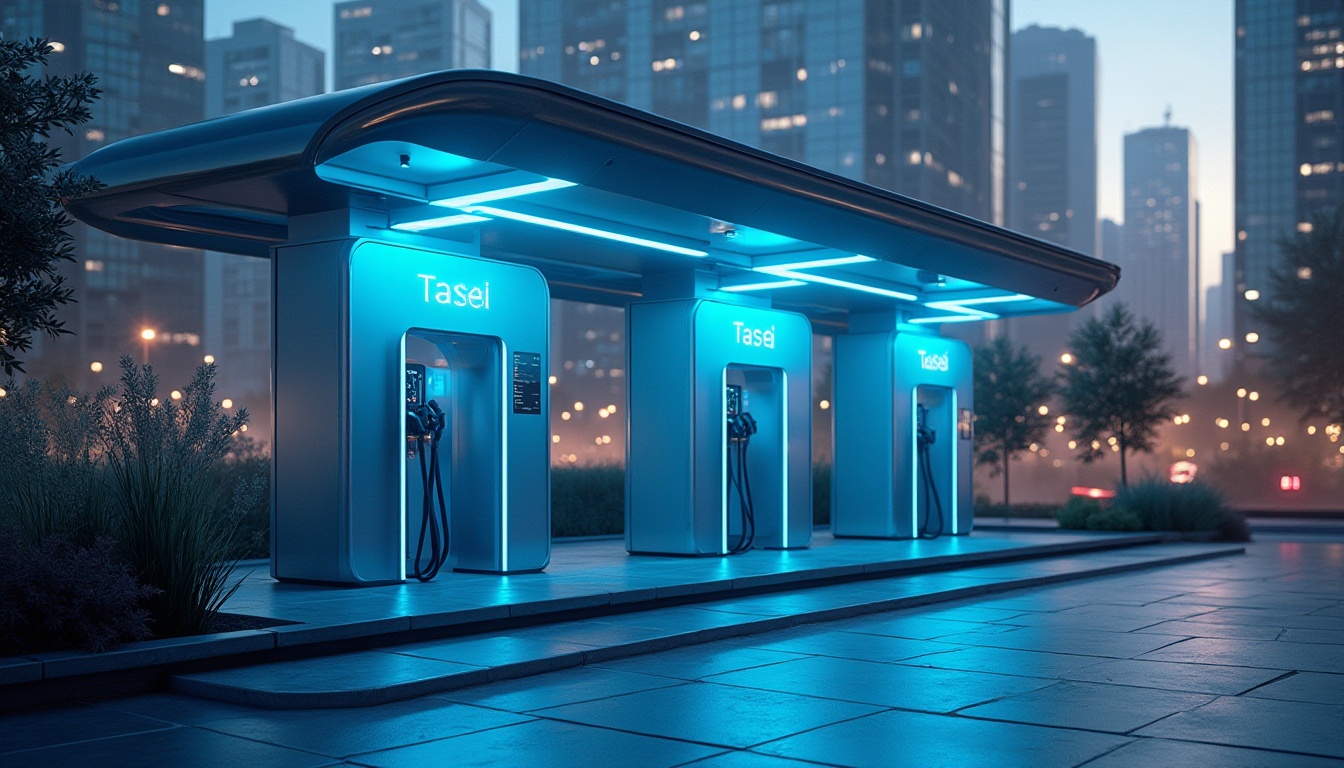 Prompt: Modern charging station, futuristic design, urban setting, sleek lines, metallic finish, plasticrete material, LED lights, glowing blue hue, curved roof, angular pillars, minimalistic aesthetic, urban jungle, cityscape, evening time, warm lighting, shallow depth of field, 3/4 composition, panoramic view.