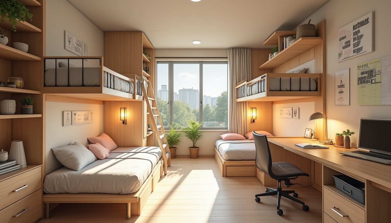 Prompt: Compact dormitory, modern minimalist design, bunk beds with storage drawers, wooden ladder, metal frame, comfortable bedding, soft pastel colors, warm lighting, cozy atmosphere, small plants on shelves, functional desks with built-in lamps, ergonomic chairs, inspirational quotes on walls, natural wood tones, clean lines, simple textures, organized closet space, shelving units, baskets and bins, decluttered floors, panoramic view of campus, sunny afternoon light, soft shadows, 3/4 composition, warm color palette.