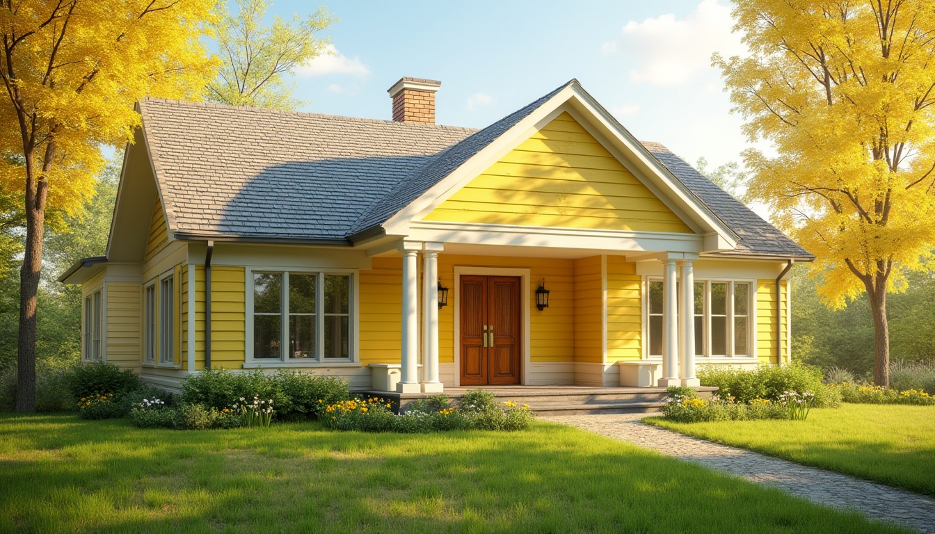 Prompt: Suburban house, yellow exterior walls, bright sunshine, greenery surroundings, flower beds with daffodils, modern minimalist design, large windows, white pillars, sloping roof, chimney, cozy porch, wooden door, brass doorknob, lush lawn, trees with yellow leaves, warm afternoon lighting, soft focus, 3/4 composition, natural texture, serene atmosphere.