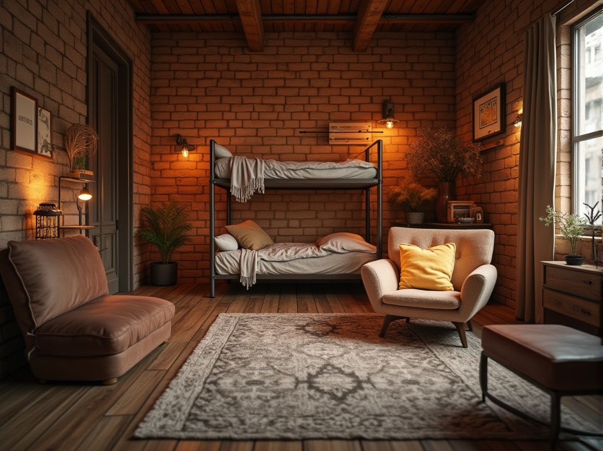 Prompt: Warm industrial dorm, Sienna color tone, cozy atmosphere, wooden accents, metal frames, rustic brick walls, comfy bedding, soft cushions, warm lighting, gentle shadows, 3/4 composition, shallow depth of field, inviting ambiance, natural textures, earthy tones, modern minimalism, Scandinavian inspiration.