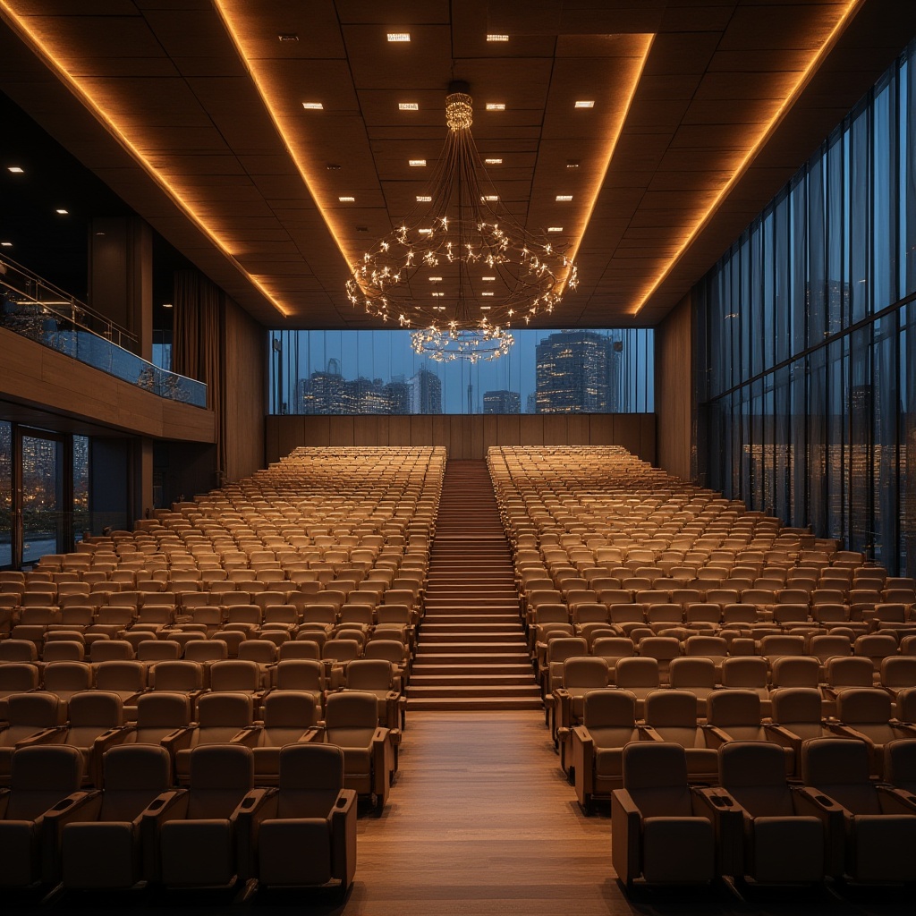 Prompt: Modern auditorium interior design, steel beams, sleek lines, minimalist aesthetic, polished chrome accents, soft cushioned seats, rows of chairs, curved staircase, grand chandelier, high ceiling, dramatic spotlights, urban cityscape outside, glass façade, nighttime scene, cinematic composition, warm golden lighting, 3/4 view, architectural photography style.