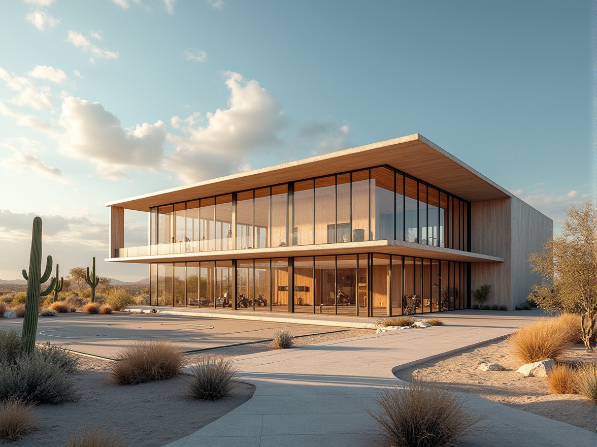 Prompt: Desert gymnasium, modern architecture, sleek lines, glass facade, mirrored windows, steel frames, angular roof, sand-colored walls, spacious interior, high ceilings, basketball court, wooden flooring, sports equipment, treadmills, free weights, exercise machines, athletic tracks, desert landscape, cacti, sandy dunes, clear blue sky, dramatic clouds, warm sunlight, soft shadows, 3/4 composition, panoramic view.