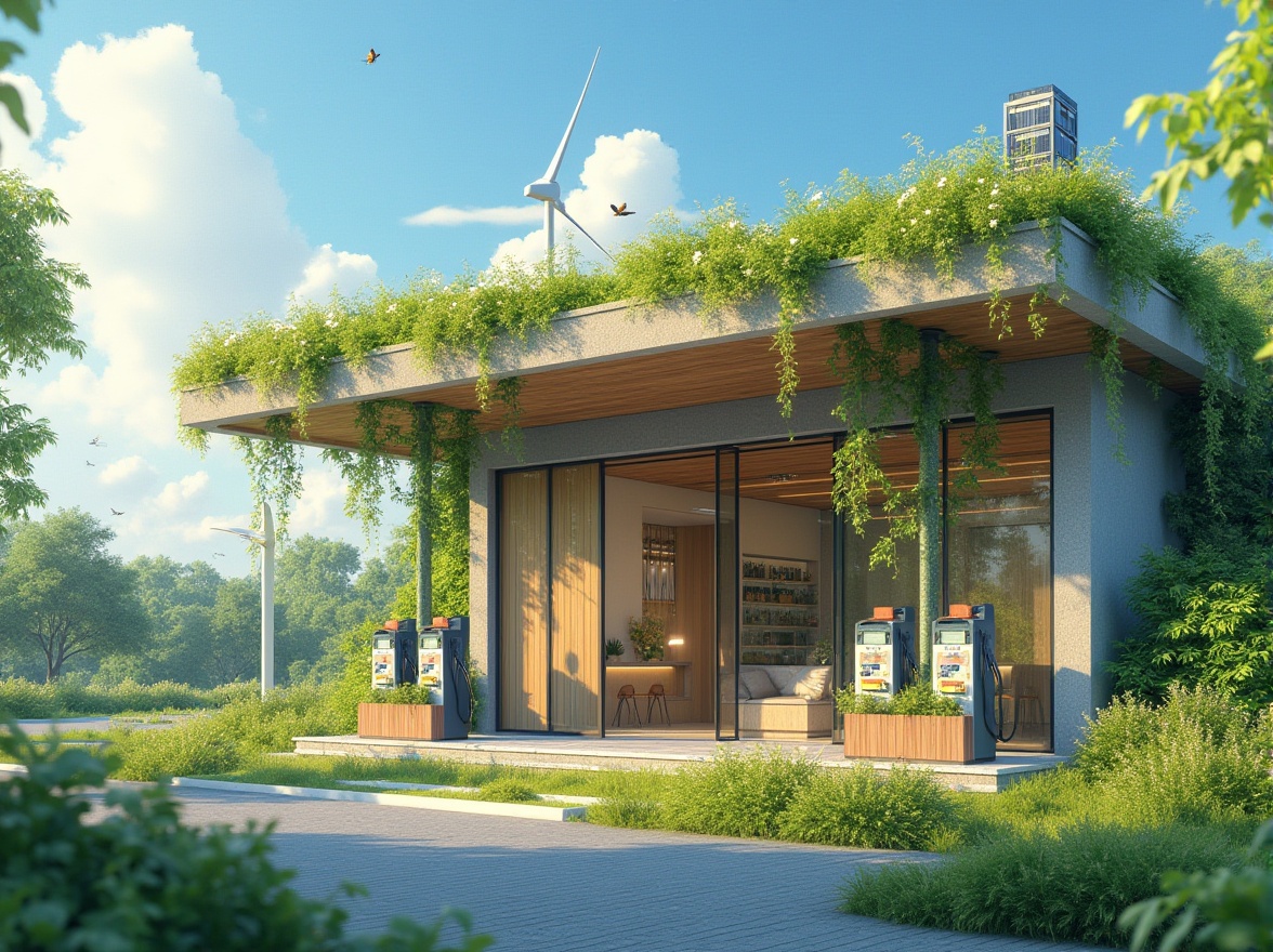 Prompt: Gas station, modern architecture, integrating grassland, green roofs, solar panels, wind turbines, eco-friendly, sustainable design, natural lighting, wooden accents, minimalist interior, simple furniture, fuel pumps surrounded by lush greenery, vines crawling up walls, wildflowers blooming, bees buzzing, butterflies fluttering, birds singing, blue sky above, fluffy white clouds, warm sunlight, 3/4 composition, shallow depth of field, vibrant colors, realistic texture.