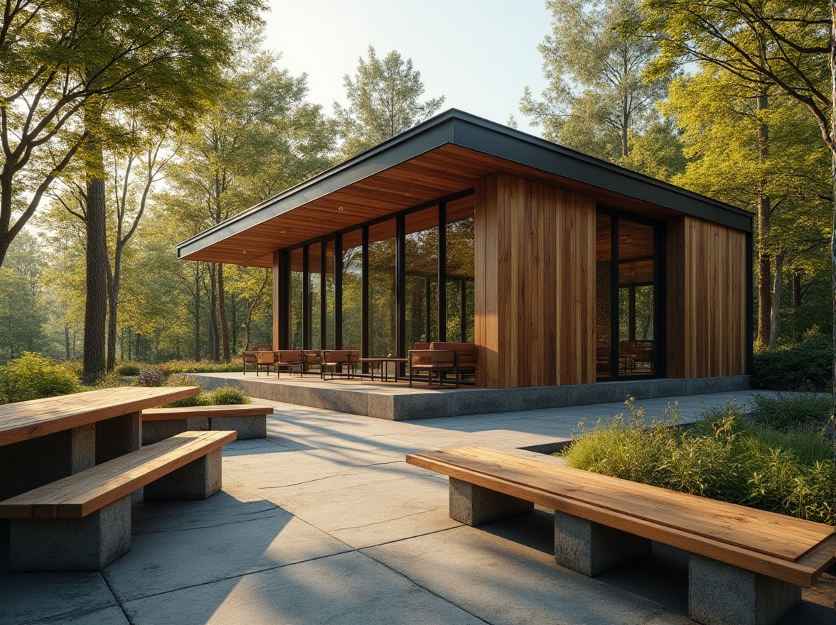 Prompt: Modern Bauhaus pavilion, outdoor seating area, wooden structure, glass roof, minimalistic design, natural surroundings, lush greenery, tall trees, wooden benches, geometric shapes, industrial materials, steel beams, concrete floors, large windows, panoramic view, afternoon sunlight, warm ambient lighting, 3/4 composition, shallow depth of field, modern architecture, serene atmosphere.