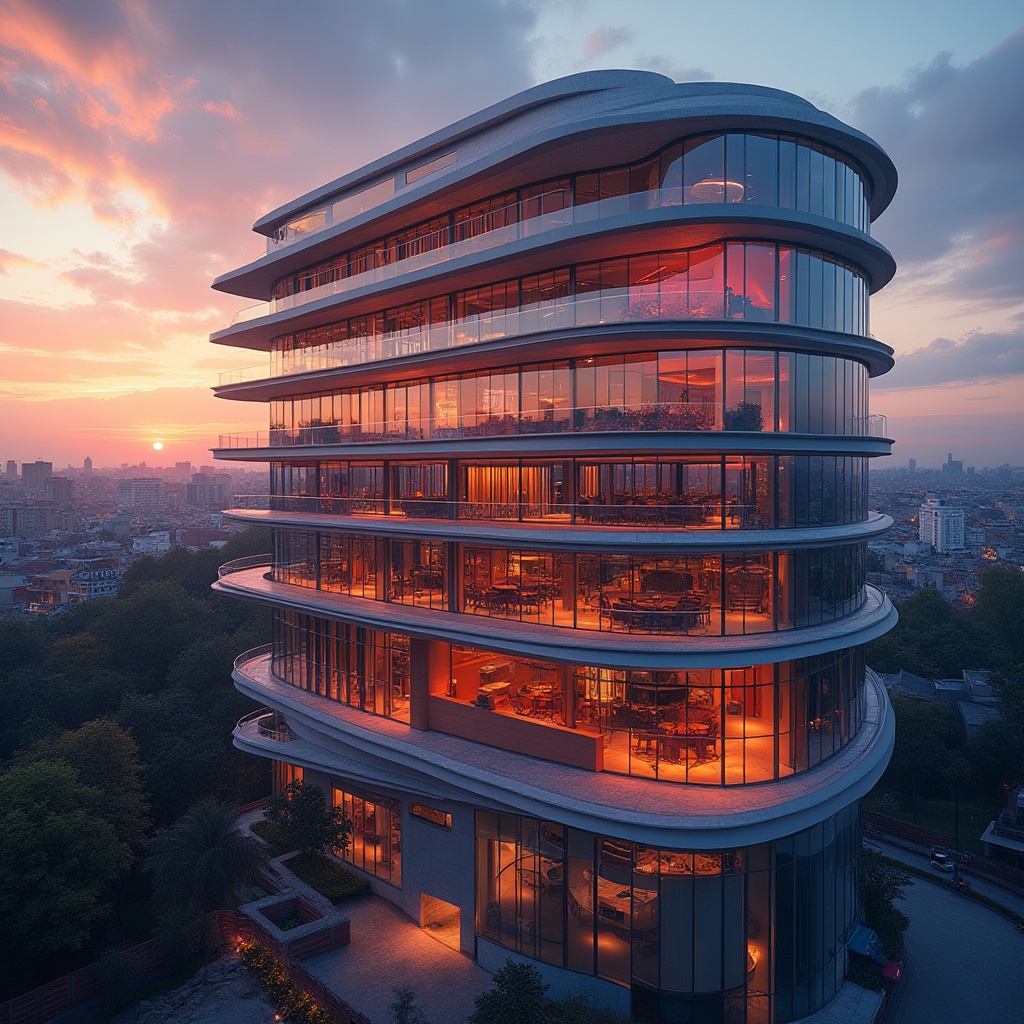 Prompt: Modern building, futuristic architecture, vibrant colors, bold accents, sleek lines, urban landscape, cityscape, sunset lighting, warm tones, neon lights, reflective glass, metallic materials, geometric shapes, abstract composition, high-angle shot, dramatic shadows, moody atmosphere, cinematic feel, 3/4 composition, fisheye lens.