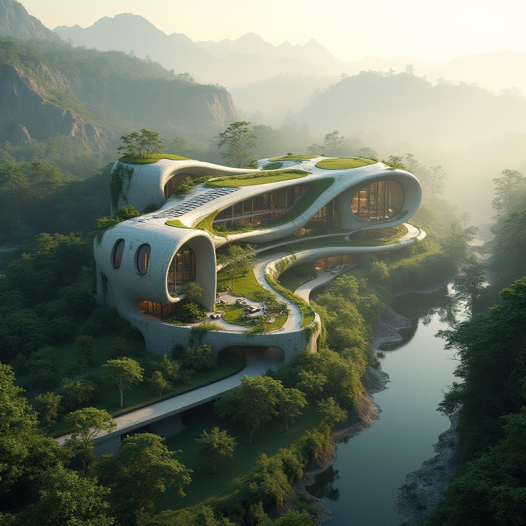 Prompt: Organic architecture, futuristic building, curved lines, sustainable materials, green walls, solar panels, natural ventilation, eco-friendly design, harmony with nature, scenic surroundings, mountains, forests, riverside, misty morning, warm sunlight, dramatic shadows, atmospheric perspective, high-angle shot, cinematic composition, vibrant colors, 3D modeling, realistic rendering.