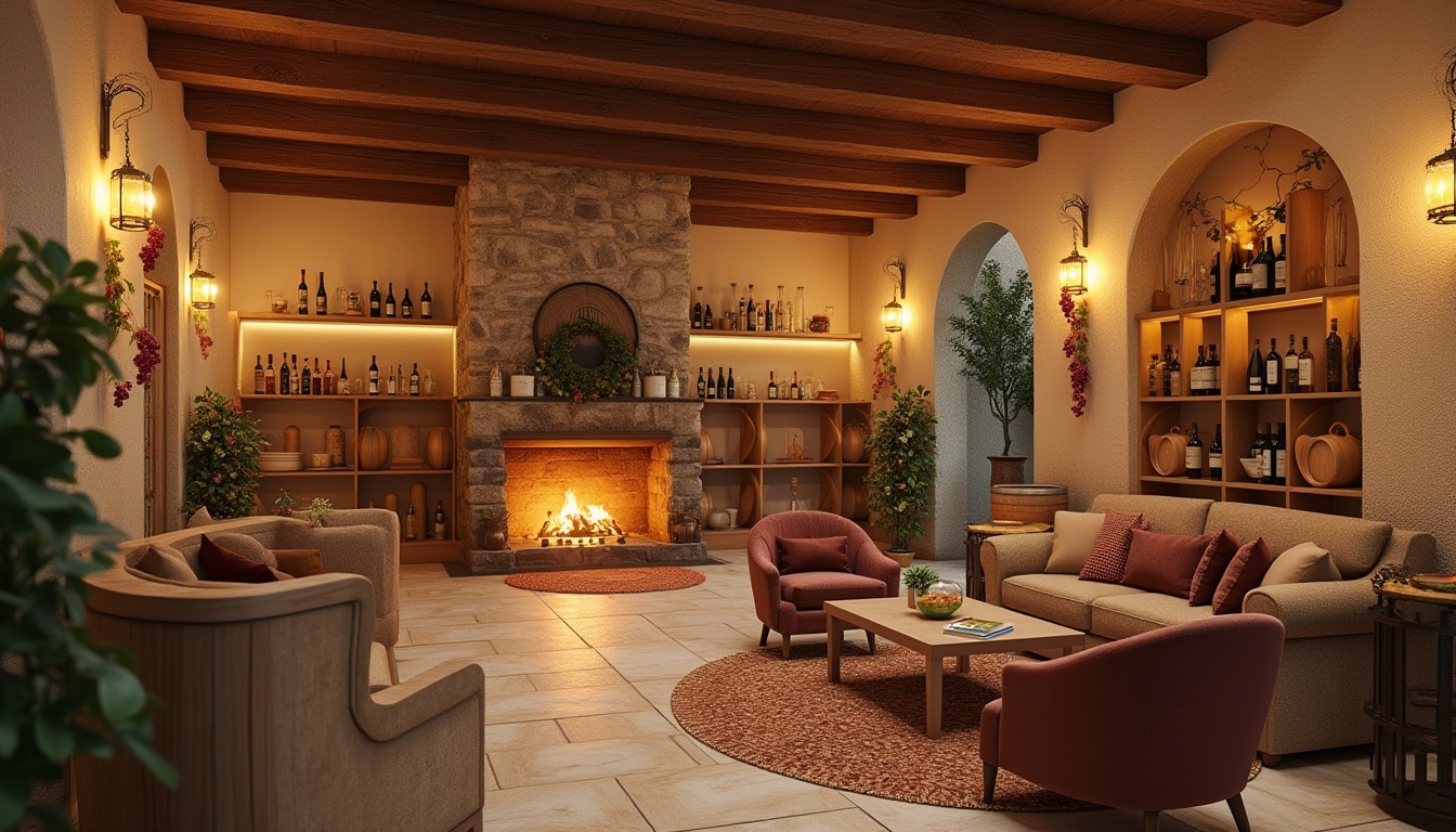 Prompt: winery, warm atmosphere, inviting ambiance, cream color walls, rustic wooden beams, vintage wine barrels, dim soft lighting, cozy seating area, plush couches, velvet armchairs, golden metal accents, lush greenery, large stone fireplace, crackling fire, wine tasting tables, decorative grapes, wine bottles on shelves, warm beige flooring, natural stone walls, earthy tones, autumn colors, soft background music, relaxed mood.