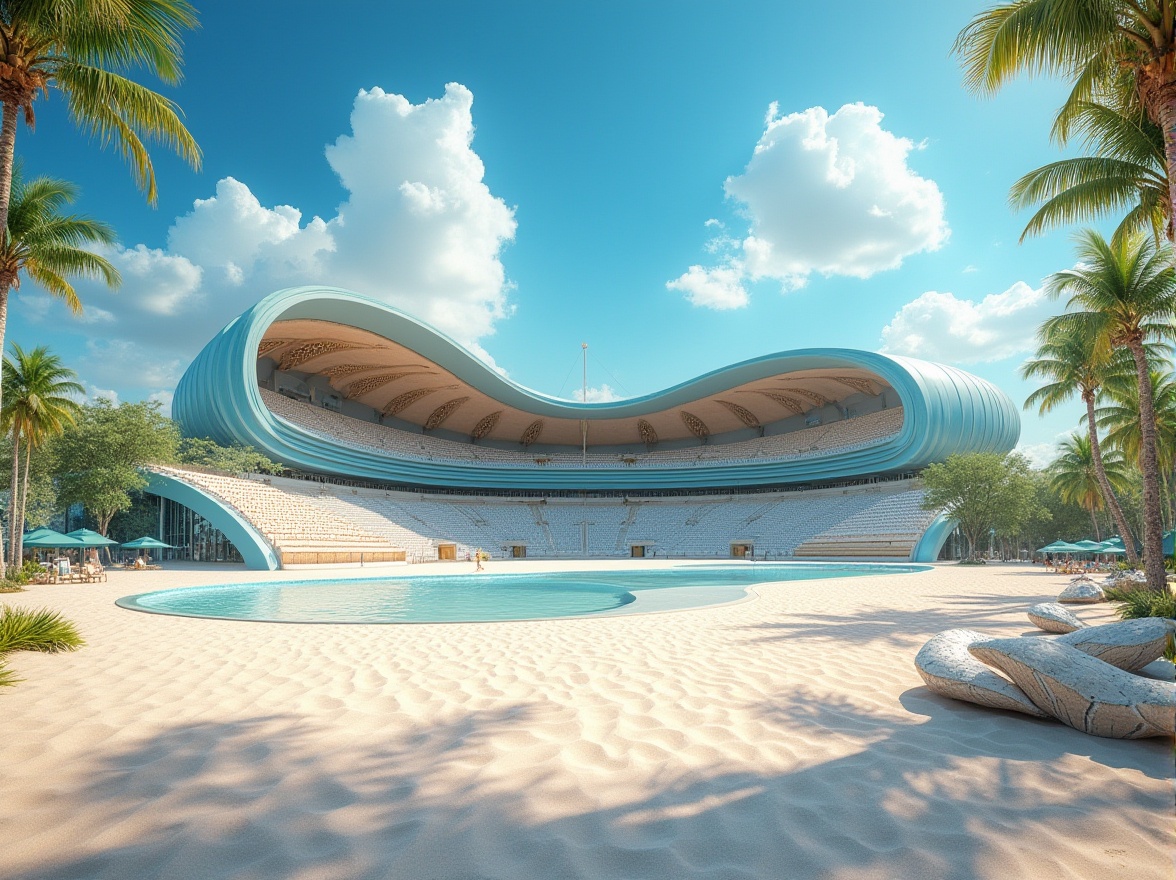 Prompt: Beach-inspired stadium, modern architecture, curved lines, wave-like roof, ocean blue exterior, sandy beige interior, seashell-shaped seats, tropical palm trees surrounding, sunny daytime, clear blue sky, puffy white clouds, dramatic shadows, 3/4 composition, low-angle shot, soft natural lighting, vibrant color palette.