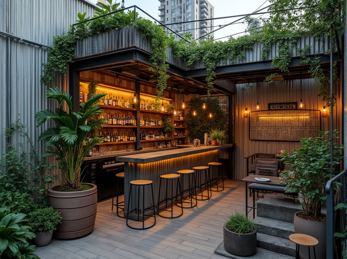 Prompt: Urban green bar, modern architecture, galvanized steel exterior walls, industrial chic, lush greenery, vertical garden, reclaimed wood accents, metal beams, minimalist decor, cozy ambiance, warm lighting, cityscape view, rooftop seating area, stairs with steel railings, potted plants, natural materials, earthy tones, eco-friendly design, sustainable living, urban oasis.