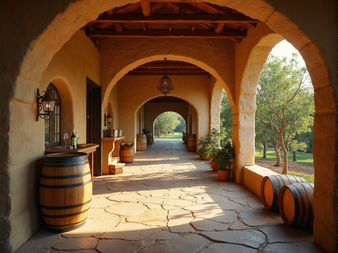 Prompt: Wineries, earthy tone, rustic charm, natural materials, rammed earth walls, rough textures, organic shapes, curved lines, wooden accents, stone flooring, large oak barrels, grapevines nearby, sunny afternoon, warm golden light, soft focus, shallow depth of field, realistic rendering, high dynamic range.