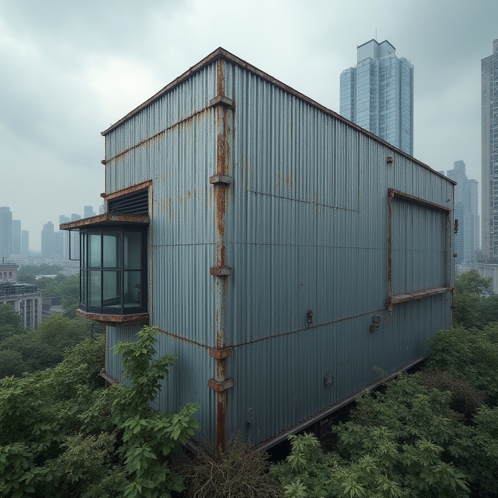 Prompt: Corrugated metal, modern architecture, industrial chic, brutalist style, silver-gray color, metallic texture, rusted edges, bold structure, urban cityscape, skyscraper background, rooftop garden, greenery surroundings, cloudy sky, dramatic lighting, low-angle shot, cinematic composition.