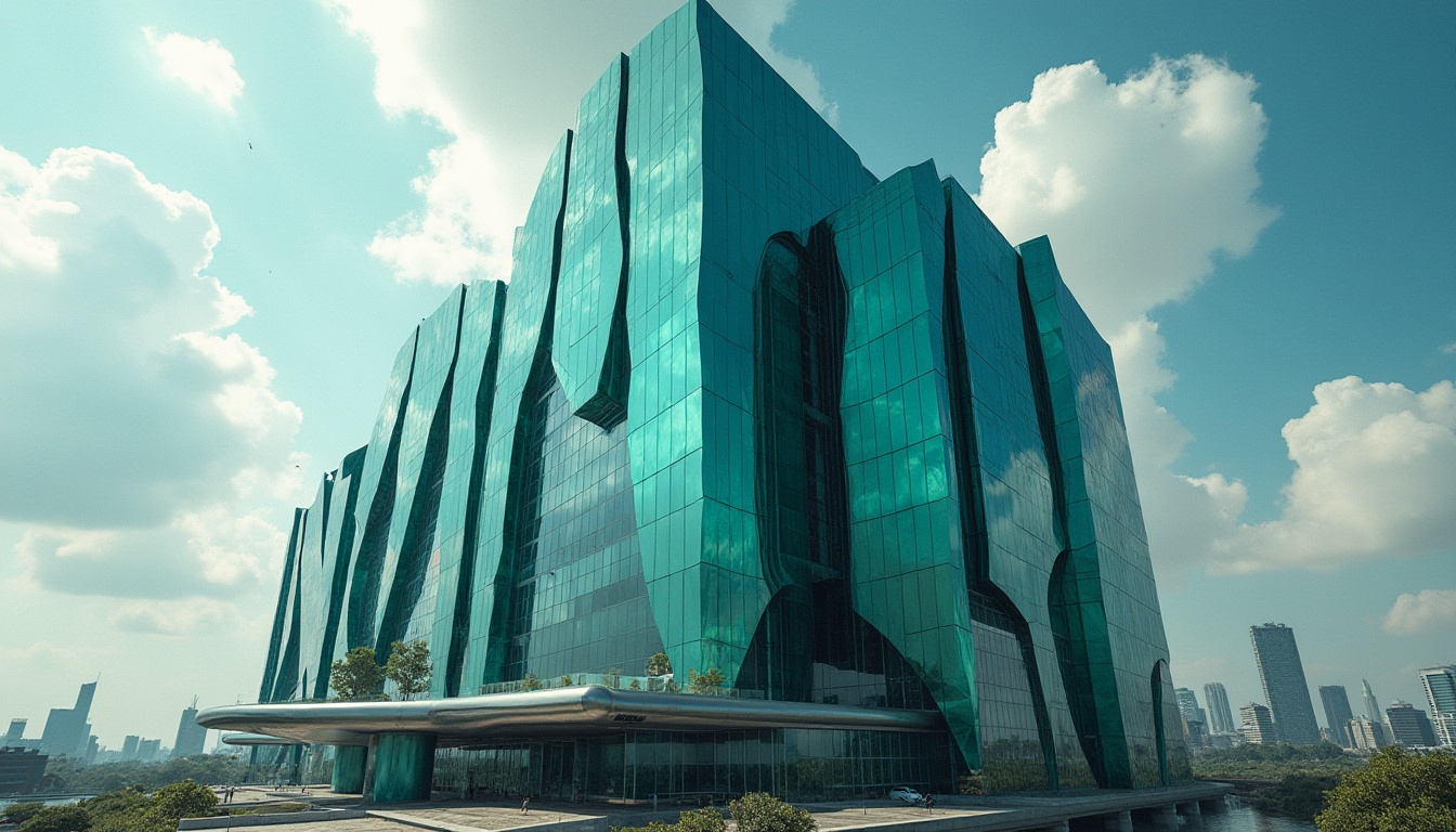 Prompt: Modern building, exterior, futuristic, incorporating malachite color, green-blue iridescent walls, geometric shapes, angular lines, metallic accents, glass windows, reflective surfaces, cityscape, urban jungle, sunny day, dramatic clouds, 3/4 composition, low-angle shot, cinematic lighting.