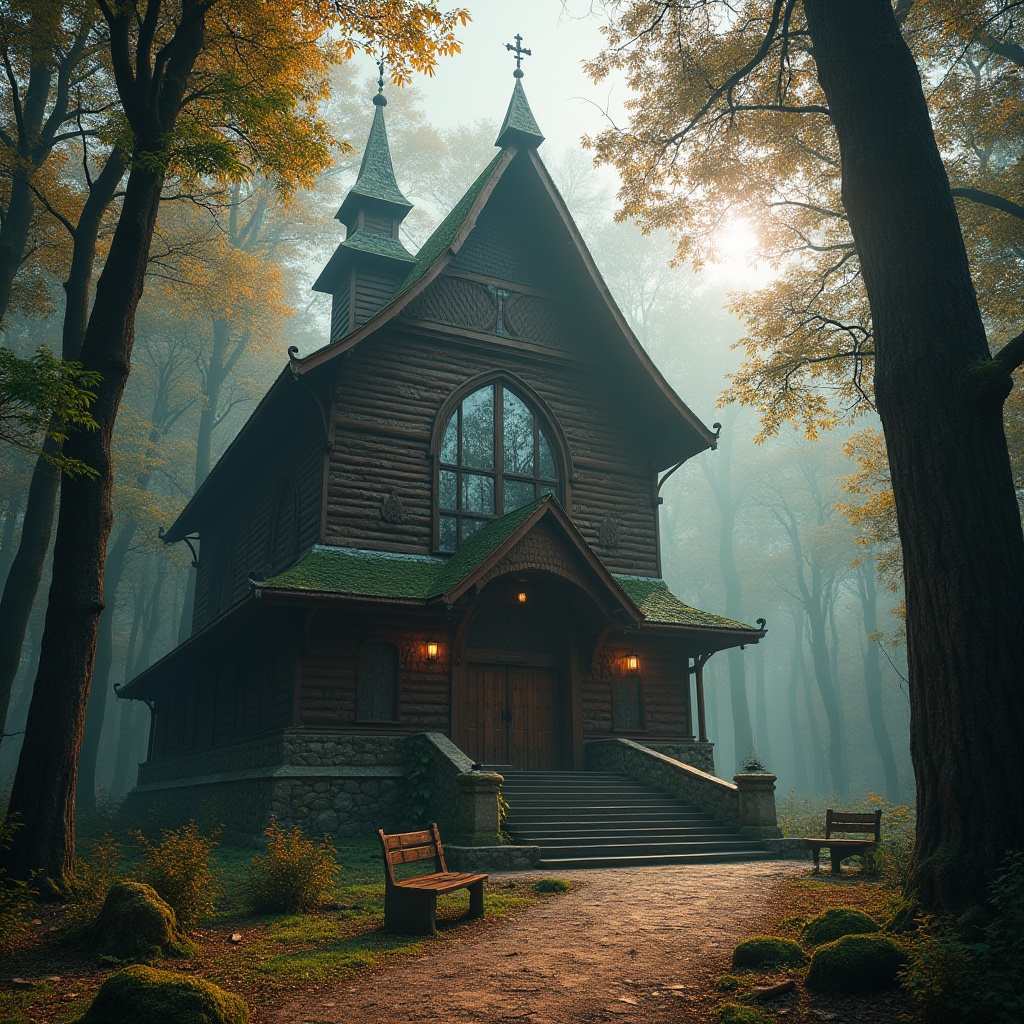 Prompt: Majestic church, forest setting, serene atmosphere, wooden structure, stone foundation, stained glass windows, pointed arches, intricate carvings, ivy-covered walls, moss roof, surrounded by tall trees, misty fog, dappled sunlight filtering through leaves, peaceful ambiance, rustic benches, winding dirt path leading to entrance, lanterns hanging from branches, autumn colors, warm lighting, cinematic composition, 3/4 view, soft focus.