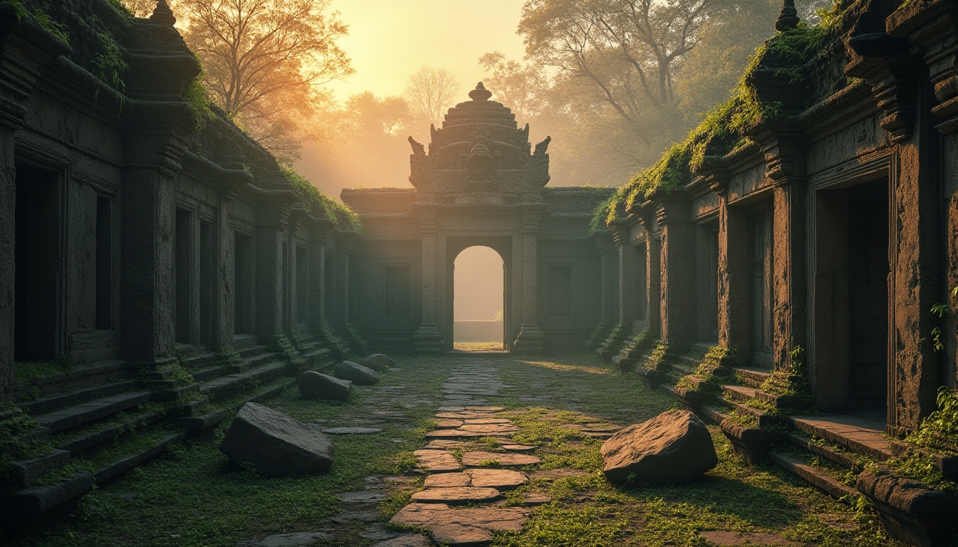 Prompt: Ancient temple ruins, mysterious atmosphere, primary material stone, intricate carvings, moss-covered walls, crumbling structures, abandoned relics, overgrown vines, misty fog, warm sunset lighting, cinematic composition, 3/4 angle view, atmospheric perspective, rugged terrain, weathered stones, natural textures, earthy colors.