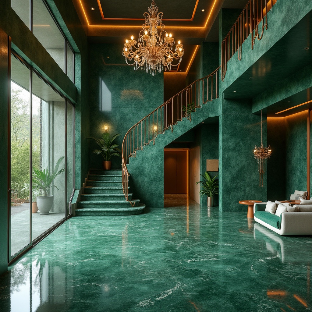 Prompt: Modern luxurious villa, incorporating malachite color, green gemstone-inspired walls, intricate copper accents, ornate glass doors, sleek lines, minimalist decor, lavish furnishings, statement chandelier, grand staircase, lush indoor plants, floor-to-ceiling windows, panoramic view, daytime, warm natural light, soft shadows, cinematic composition, 3/4 angle shot.