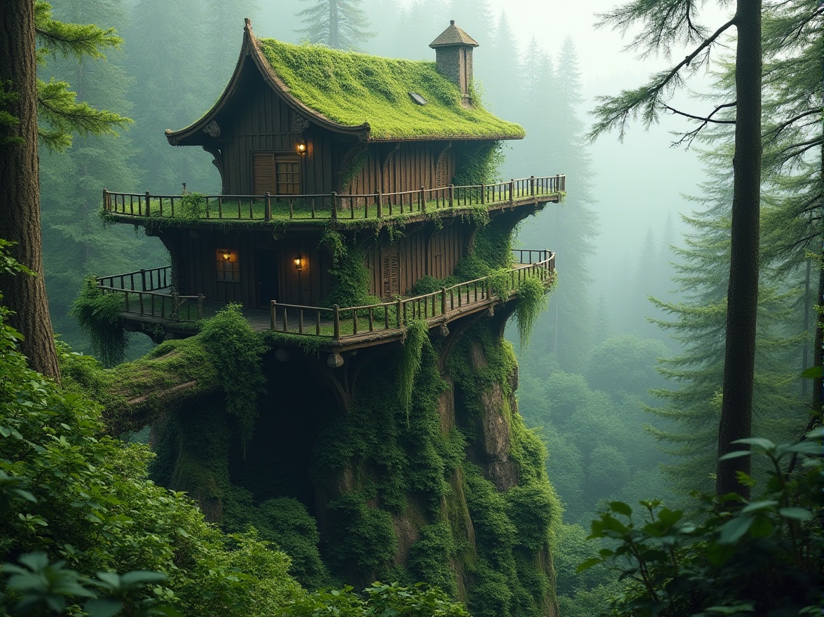 Prompt: Watching tower, blending with nature, lush greenery, vines crawling up walls, wooden structure, earthy tone, moss-covered roof, overhanging eaves, natural lighting, panoramic view, bird's eye perspective, surrounded by tall trees, misty atmosphere, foggy morning, serene ambiance, rustic texture, organic shape, curved lines, blending with surroundings, hidden among foliage, camouflaged, eco-friendly material, sustainable design.