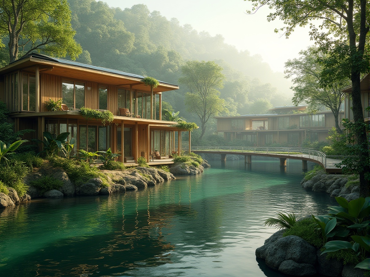 Prompt: Eco-friendly wetland architecture, modern sustainable design, lush greenery, solar panels, recycled materials, natural ventilation, rainwater harvesting system, organic curves, bamboo accents, living walls, green roofs, wildlife conservation, serene water features, misty atmosphere, soft natural lighting, 3/4 composition, shallow depth of field, warm color tone, cinematic mood.