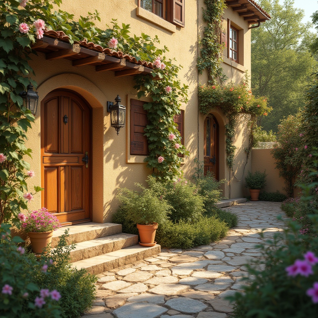 Prompt: Warm wheat color, building facade, natural texture, rustic feel, earthy tone, cozy atmosphere, villa, residential area, greenery surroundings, blooming flowers, vines climbing up walls, wooden door, stone pathway, sunny day, soft lighting, warm shadows, 3/4 composition, depth of field.